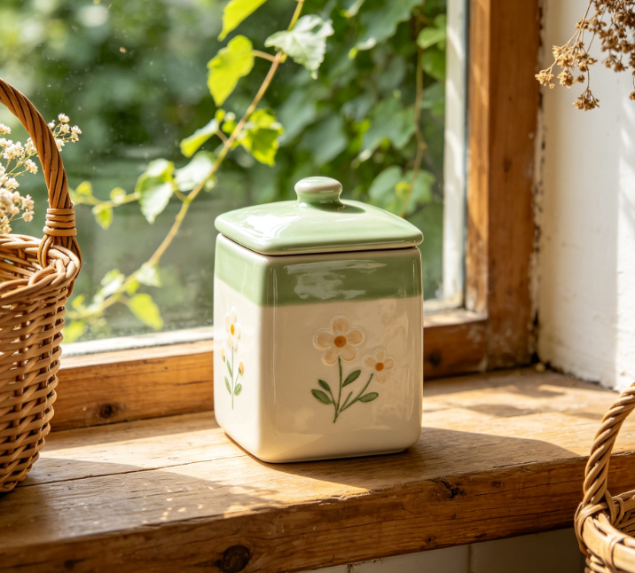 Fresh Floral Two-Tone Ceramic Square Seasoning Jar
